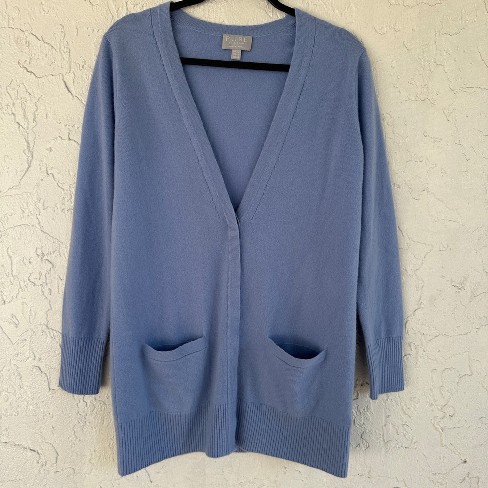 Pure Collection Blue 100% Cashmere V-Neck Button Front Cardigan Sweater US 6